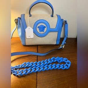 NWT - Versace La Medusa Top Handle Leather and Linen Blue Bag - 50% OFF RETAIL